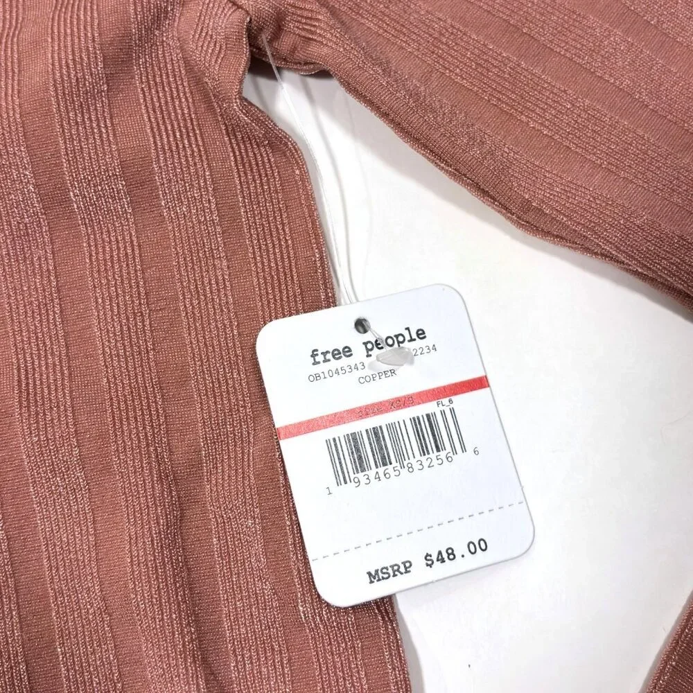 Free People Lucky You Layering Top Ribbed Knit Shimmer Pink Stretch NWT - XS/S